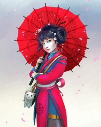 Asian Girl With Red Umbrella Diamond Painting