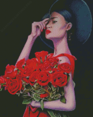Woman And Red Roses Diamond Painting