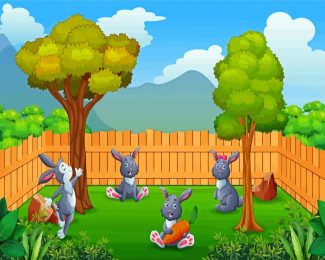 Cartoon Rabbits Playing In The Farm Diamond Painting