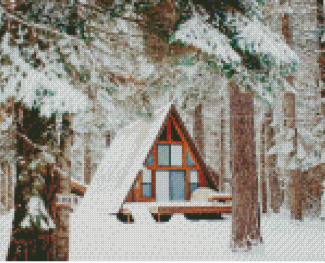 Cozy Snowfall Forest Cabin Diamond Painting
