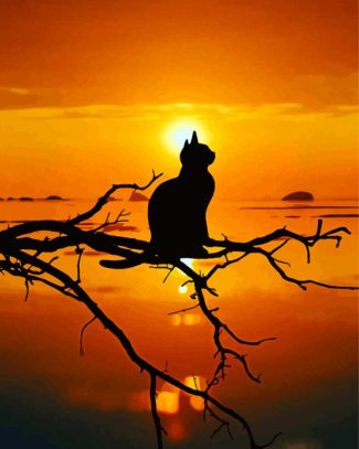 Lonely Cat Silhouette On Tree At Sunset Diamond Painting