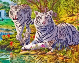 White Tiger Family Diamond Painting