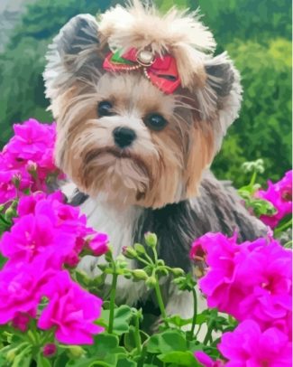 Yorkshire Terrier And Flowers Diamond Painting