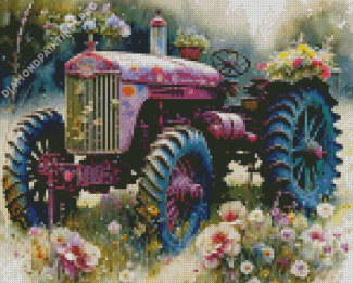 Old Pink Tractor And Flowers Diamond Painting