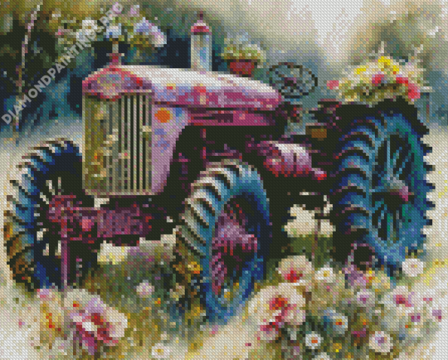 Old Pink Tractor And Flowers Diamond Painting