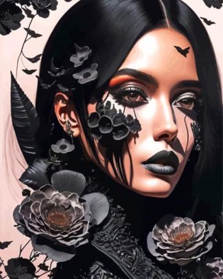 Ghotic Lady With Black Flowers Diamond Painting