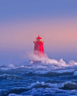 Red Lighthouse In Storm Diamond Painting