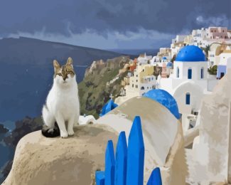 Cat In Greece Santorini Island Diamond Painting
