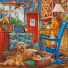 Dog And Cats In A Sewing Room Diamond Painting