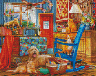 Dog And Cats In A Sewing Room Diamond Painting