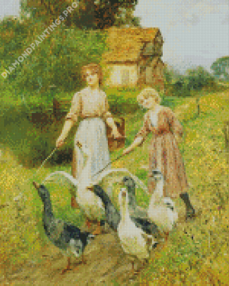 Girls With Geese In Farm Art Diamond Painting