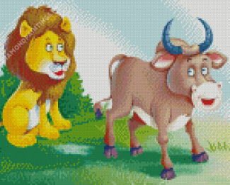 Lion And Bull Cartoon Diamond Painting