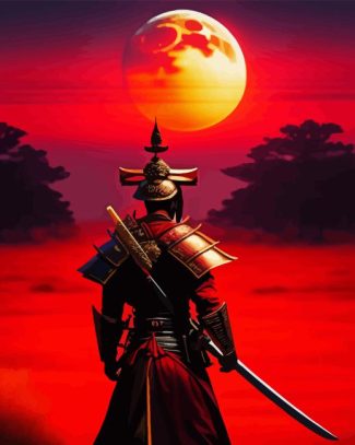 Samurai And Red Moon Diamond Painting
