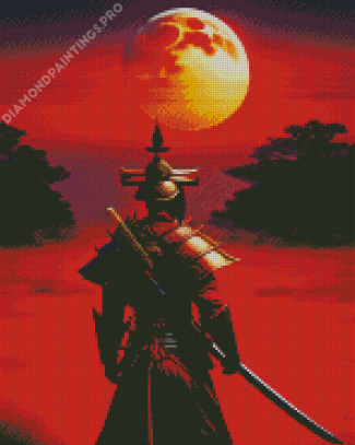 Samurai And Red Moon Diamond Painting