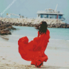 Lady In Red Dress On The Beach Diamond Painting