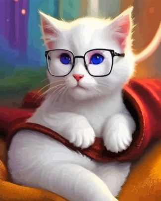 White Cat And Glasses Diamond Painting