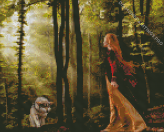 Woman And Wolf In Forest Diamond Painting